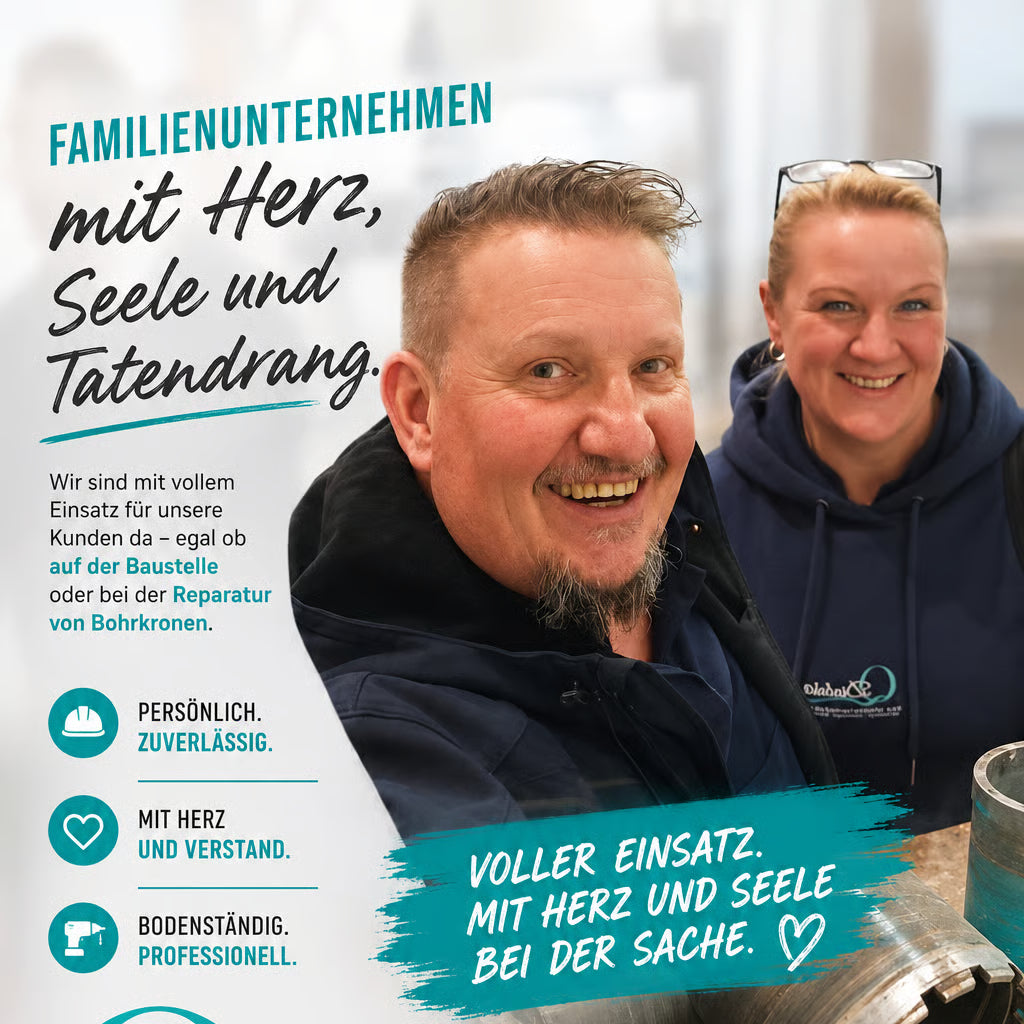 Wir sind mit vollem Einsatz für unsere Kunden da. Egal ob bei der Reparatur / Wiederbesatz / Neubestückung Ihrer abgenutzten Diamantbohrkrone oder dem ausgewählten fachspezifischen Zubehör für Kernbohrgeräte wie Weka, Cardi, Hilti, Würth etc. sondern auch bei der Herstellung unserer eigenen Bohrkronen mit Premium Dachsegmenten 11mm hoch. Testen Sie uns gerne . 